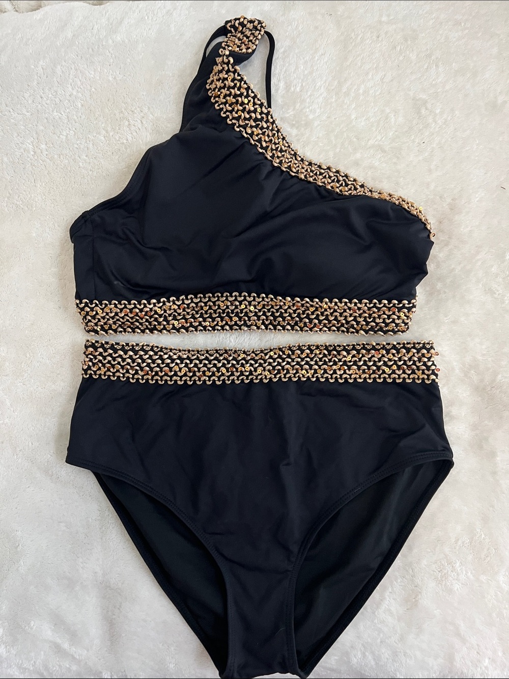 Asymmetric Black Bikini Set with Gold Chain Accent